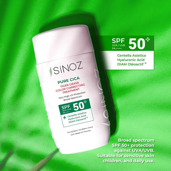 Sinoz Pure Cica Tiger Grass Correcting Cream SPF50+ – Color-Changing, Redness Repair & UV Protection, 50ml
