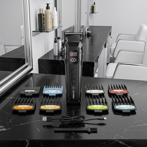 Hair trimmer set with attachments on a salon counter