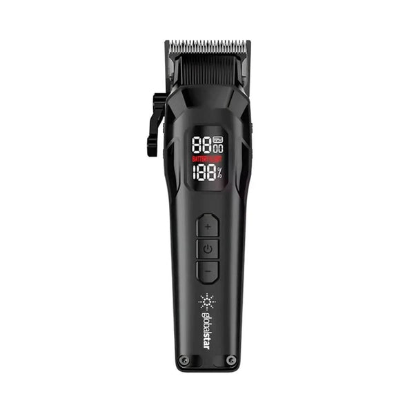 Black hair trimmer with digital display on a white background