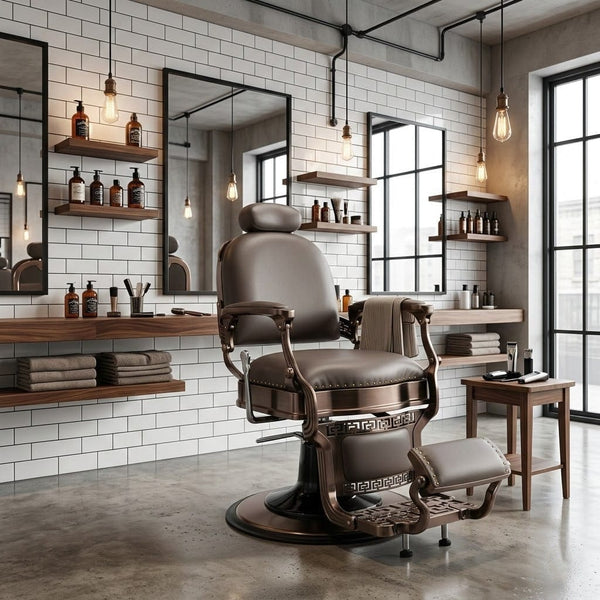 GlobalStar 66-12 Professional Barber Chair - Modern Hydraulic Salon Styling Chair with Gray Leather & Bronze Frame - Heavy Duty Reclining Chair