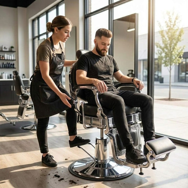 GlobalStar 4818 Professional Barber Chair - Premium Black Leather Hydraulic Salon Chair with Polished Chrome Frame - Heavy Duty Styling Chair