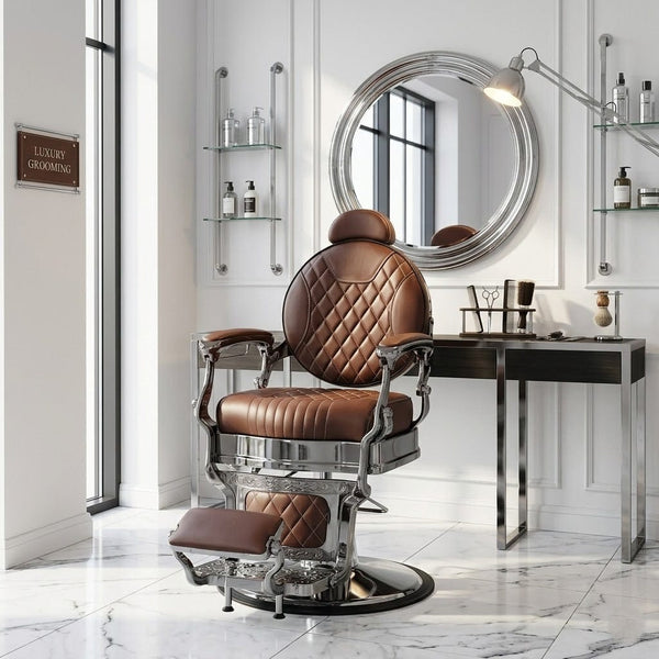 GlobalStar 2951 Luxury Diamond Quilted Barber Chair – Premium Brown Leather Chrome Frame