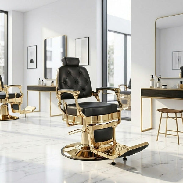 Globlastar BC-9998 Black Gold Barber Chair – 360° Rotating Reclining Salon Chair