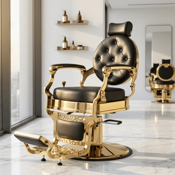 Globalstar BX-2009 Luxury Barber Chair – Black Leather Button-Tufted Salon Chair with Gold Frame