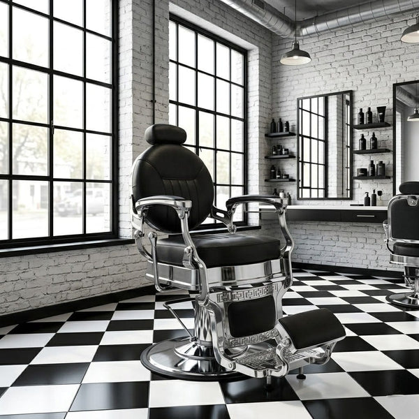 GlobalStar 4818 Professional Barber Chair - Premium Black Leather Hydraulic Salon Chair with Polished Chrome Frame - Heavy Duty Styling Chair