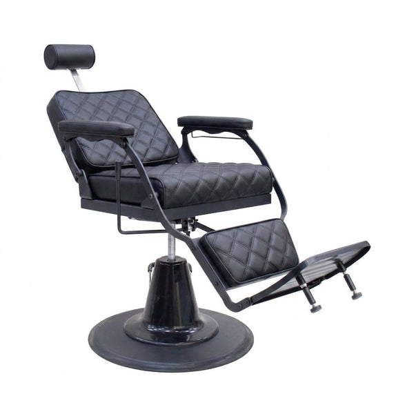 Black barber chair with quilted design on a white background