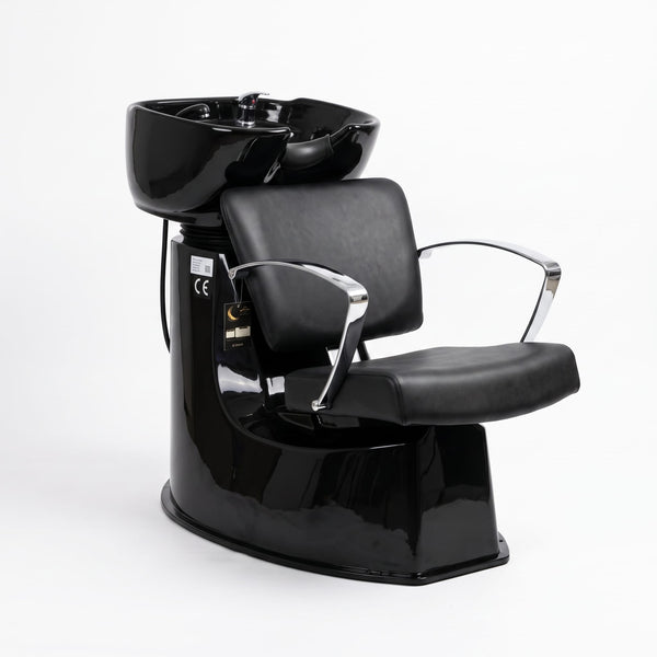 Globalstar 4014 shampoo chair infographic showing premium PU leather upholstery, ergonomic curved backrest and stainless steel chrome armrests on black ceramic basin unit