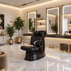 Globalstar 4014 black shampoo chair displayed in luxury gold and marble salon interior with LED mirrors and plants