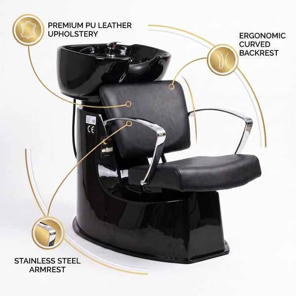 Female client relaxing in Globalstar 4014 shampoo chair while stylist washes hair in luxury gold salon setting