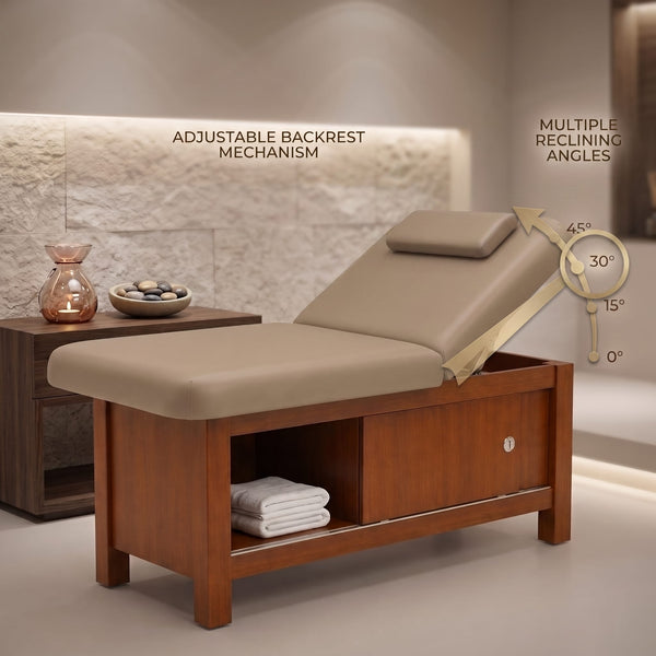 Globalstar 4783BI massage bed with adjustable backrest mechanism showing multiple reclining angles 0 to 45 degrees