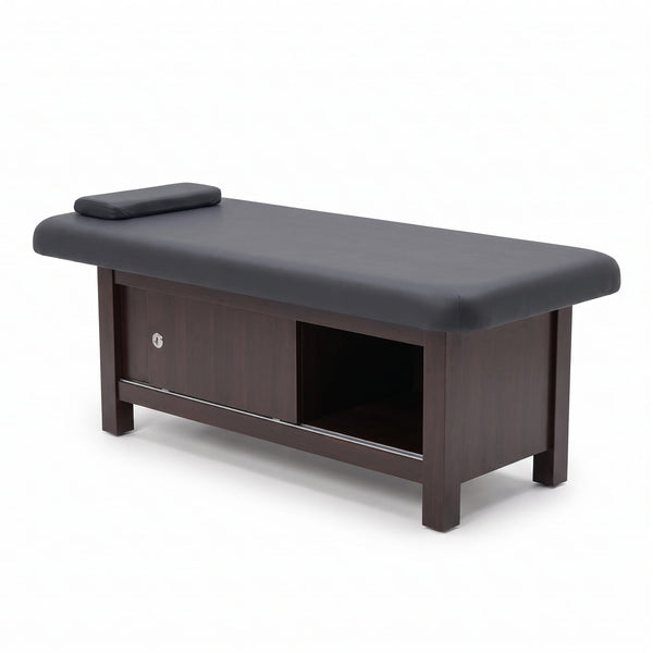 Globalstar XT-057 Professional Massage Bed with black leather upholstery, dark wood frame and built-in storage cabinet