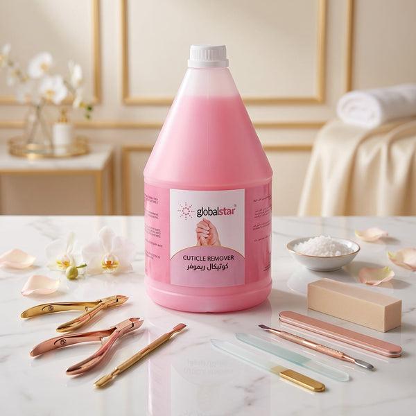 Globalstar Cuticle Remover 3.78L luxury gold marble flat lay with rose gold cuticle nippers, pushers, nail files, buffer block, sea salt and white orchid flowers