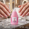 Professional nail technician in black apron applying Globalstar Cuticle Remover during manicure treatment at luxury nail salon station with gel polishes and tools