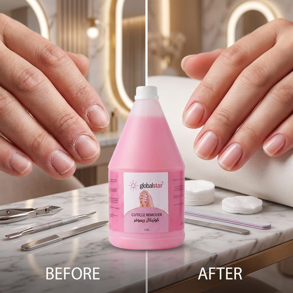 Professional nail technician in black apron applying Globalstar Cuticle Remover during manicure treatment at luxury nail salon station with gel polishes and tools