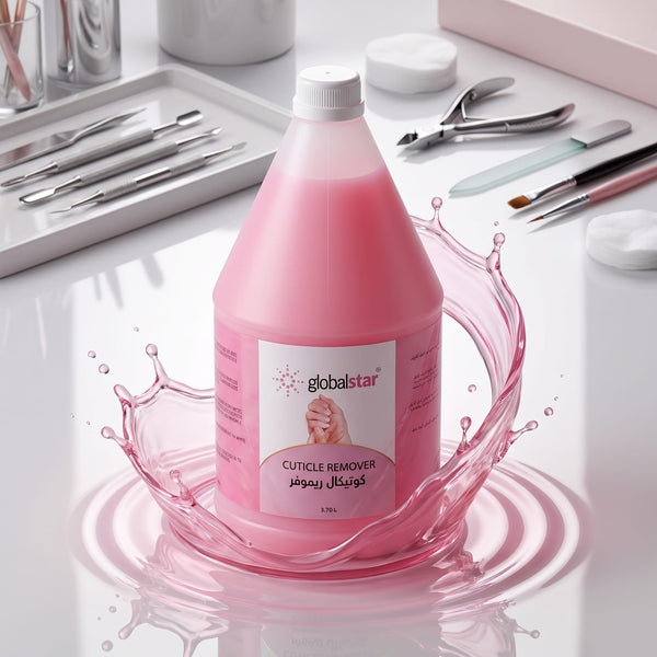 Globalstar Professional Cuticle Remover 3.78L pink bottle product shot on white background showing Globalstar branding and cuticle remover label in English and Arabic