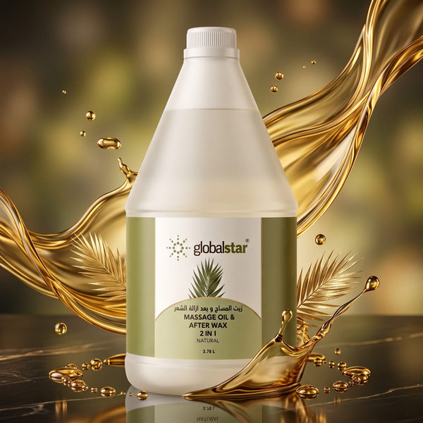 Spa therapist pouring Globalstar Natural Massage Oil After Wax 2-in-1 3.78L into glass bowl in luxury spa setting with lavender, palm leaves and hot stones