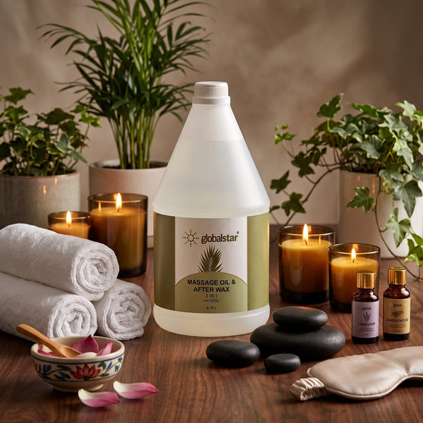 Globalstar-branded spa therapist applying Natural Massage Oil After Wax 2-in-1 to client's legs during professional after-wax treatment in luxury spa room
