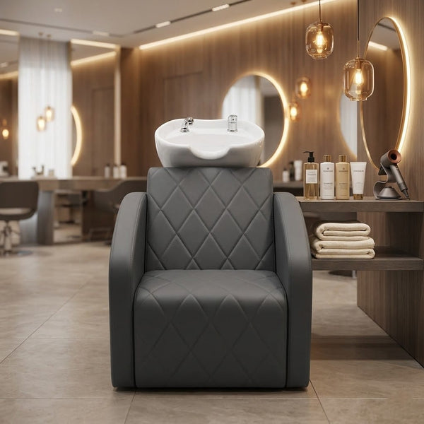 Globalstar XT‑203‑2‑1 Grey Shampoo Chair with White Basin – Professional Salon Backwash Unit Premium Leather