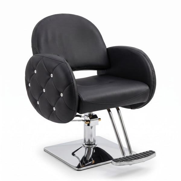 Globalstar BX-3010 ladies salon chair infographic showing premium PU leather upholstery, ergonomic curved backrest, padded armrests, crystal button tufting, hydraulic lift, chrome footrest and heavy-duty chrome base