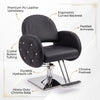 Globalstar BX-3010 premium black leather ladies salon chair clean product shot on white background showing full chair profile with chrome base and footrest