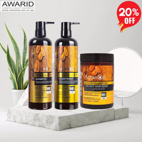 Argan Oil Anti-Hair Fall & Renewal Hair Care Set 1x3 (Shampoo 900ml, Conditioner 900ml And Hair Mask 1000ml) - Awarid UAE