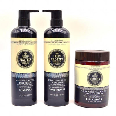 Luxury Protein Morocco Plant Oil Deep Repair Hair Care Set 1x3 (Shampoo 900ml, Conditioner 900ml And Hair Mask 1000ml)