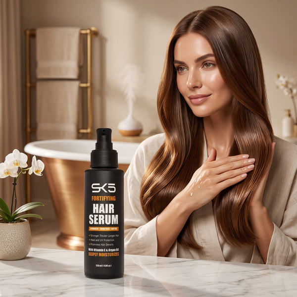 Woman with long shiny healthy hair holding SK5 Fortifying Hair Serum 120ml in luxury bathroom setting