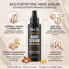 SK5 Fortifying Hair Serum 120ml infographic showing key benefits: stronger thicker hair, heat UV protection, Vitamin E and Argan Oil, promotes hair density