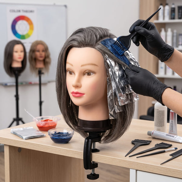 Globalstar 613/4 professional mannequin training head on tripod stand at cosmetology academy training station with scissors, combs and styling tools