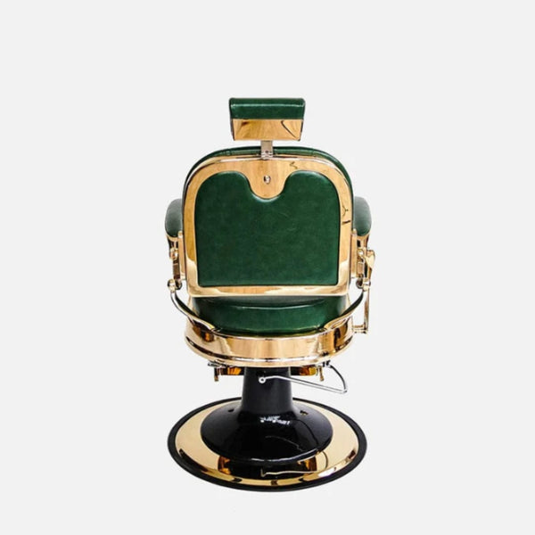 Globalstar BC-2004 Classic Gold Leather Barber Chair – Green Upholstery with Hydraulic Lift & 360° Swivel