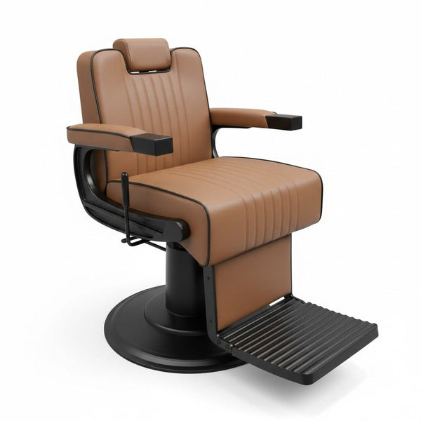 Globalstar BC-9995 Cappuccino Barber Chair – Soft Leather, 360° Rotating with Solid Black Base