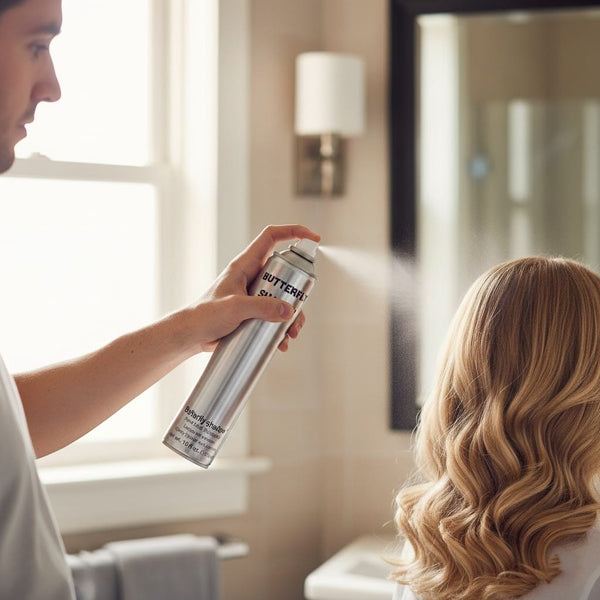 Person using a hair spray can on another person with blonde hair in a salon setting.