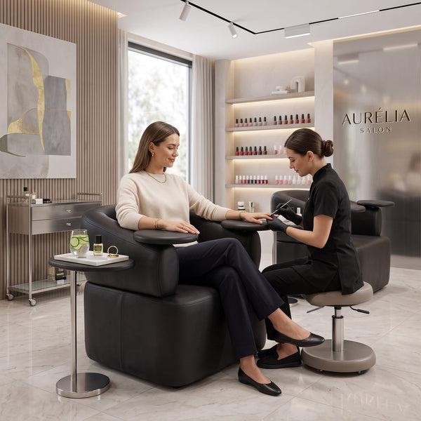 Globalstar MTS5 professional salon manicure chair infographic showing premium PU leather, dual padded armrests, ergonomic design, spacious seating, high-density foam and durable commercial construction