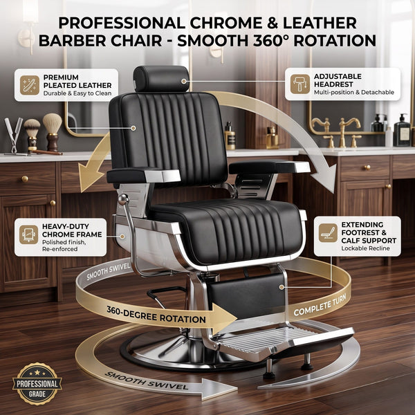 Globalstar AW-9130 Heavy-Duty Barber Chair | Black Leather, Steel Frame, 360° Rotation & Reclining