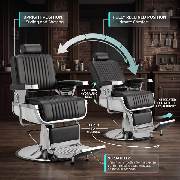 Globalstar AW-9130 Heavy-Duty Barber Chair | Black Leather, Steel Frame, 360° Rotation & Reclining