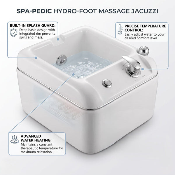 Globalstar T092 foot spa jacuzzi precision temperature control close-up with adjustable heating dial, hot stones and white towel