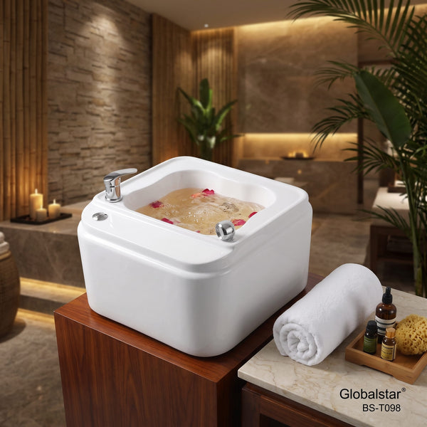 Globalstar BS-T098 Foot Spa White Jacuzzi Basin | Hot & Cold Water Control | Durable Pedicure Tub