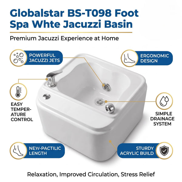 Globalstar BS-T098 Foot Spa White Jacuzzi Basin | Hot & Cold Water Control | Durable Pedicure Tub