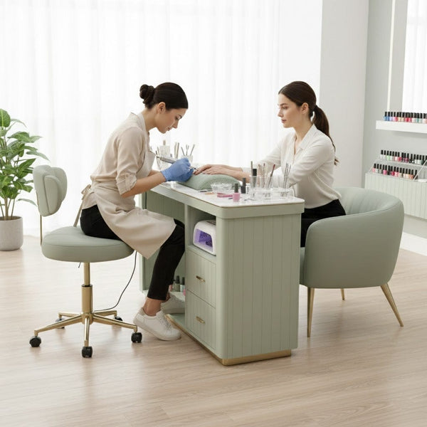 Globalstar Green Manicure Table Set – Single Seat with Two Chairs, Sintered Stone Top, USB Charger and Storage