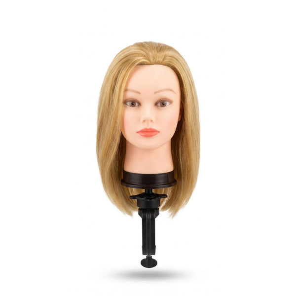 Globalstar 905 mannequin training head 60cm clean product shot on white background showing natural-feel blonde mixed hair with black clamp mount