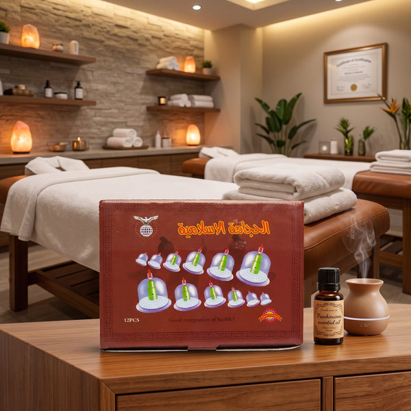 Black Hijama cupping therapy set infographic showing 12-piece complete set, multiple cup sizes, easy hand pump operation, strong vacuum suction, BPA-free cups, reusable and easy to clean, suitable for home and professional use