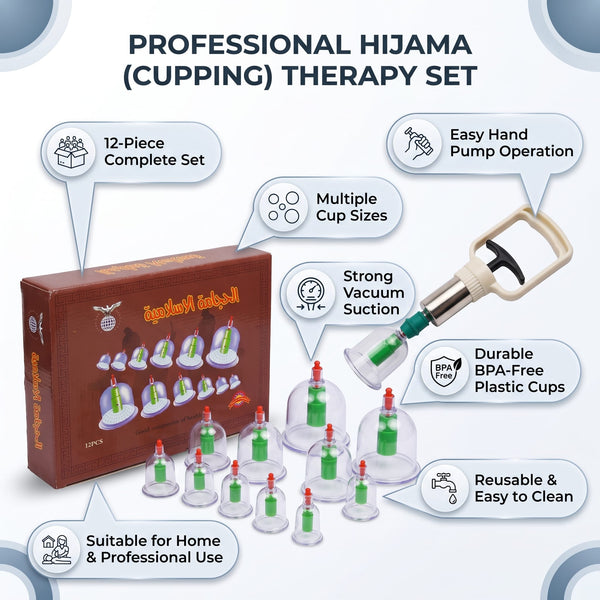 Black Professional Hijama Cupping Therapy Set 12 pieces box displayed in luxury spa treatment room with frankincense essential oil and warm ambient lighting