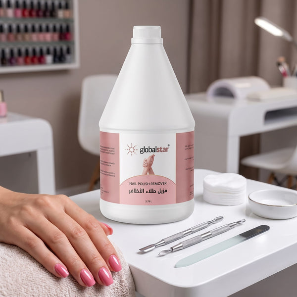 Globalstar Nail Polish Remover 3.78L floating bottle product shot on soft pink background showing full label and 3.78L volume