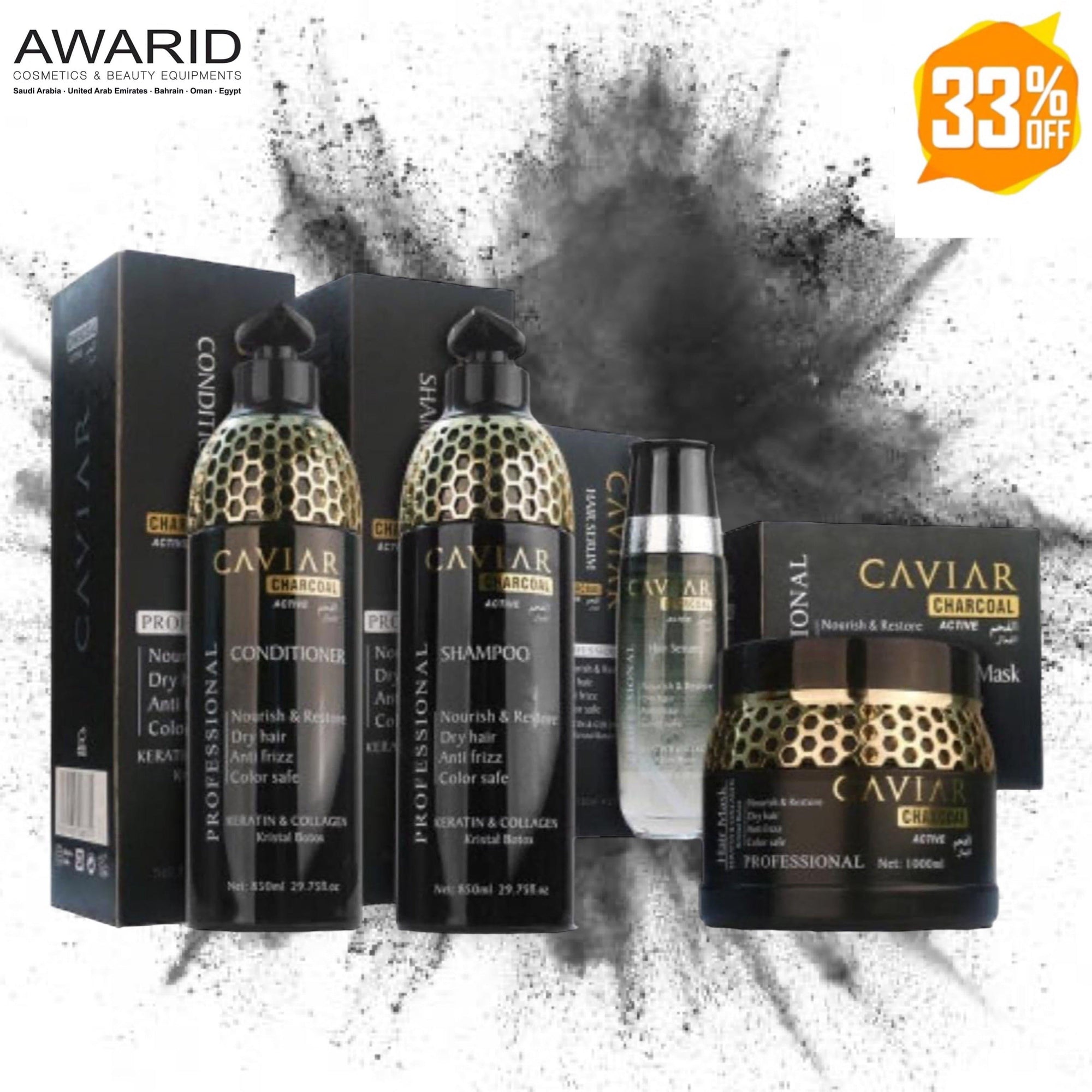 Caviar Charcoal Kit Keratin and Active Collagen 1x4 (Shampoo 850ml, Conditioner 850ml, Hair Mask 1000ml And Serum 120ml)