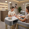 Globalstar Grey Velvet Manicure Station with Gold Frame – Manicure Table with Client & Technician Chairs