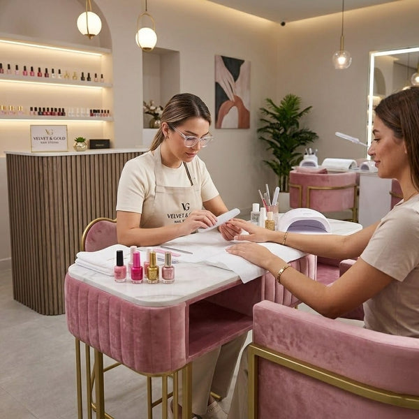 Globalstar Pink Velvet Manicure Station with Gold Legs – Manicure Table with Client & Technician Chairs