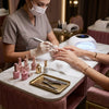 Globalstar Pink Velvet Manicure Station with Gold Legs – Manicure Table with Client & Technician Chairs