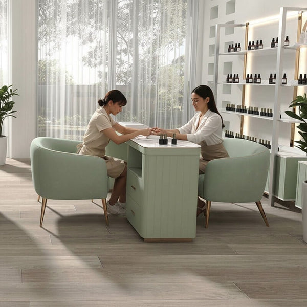 Globalstar Green Manicure Table Set – Single Seat with Two Chairs, Sintered Stone Top, USB Charger and Storage