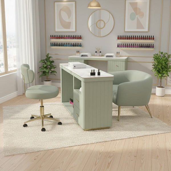 Globalstar Green Manicure Table Set – Single Seat with Two Chairs, Sintered Stone Top, USB Charger and Storage