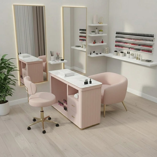 Globalstar Pink Manicure Table Set – Single Nail Station with Two Chairs, Sintered Stone Top, USB Charger and Socket